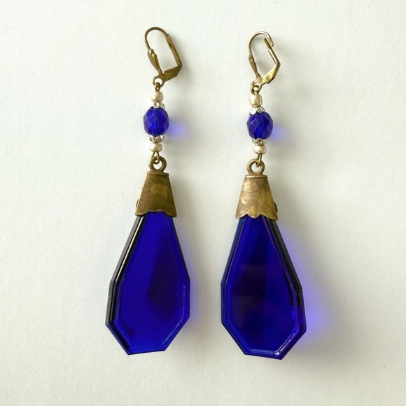 Art Deco Blue Czech Glass Teardrop Dangle Earrings - Picture 4 of 5
